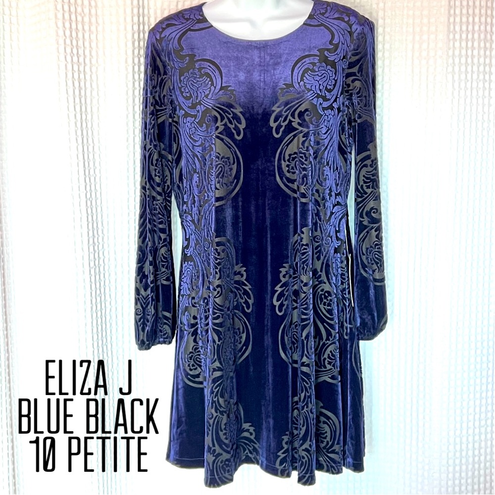 Eliza J burnout velvet damask fit and flare long sleeve dress floral 10 Petite